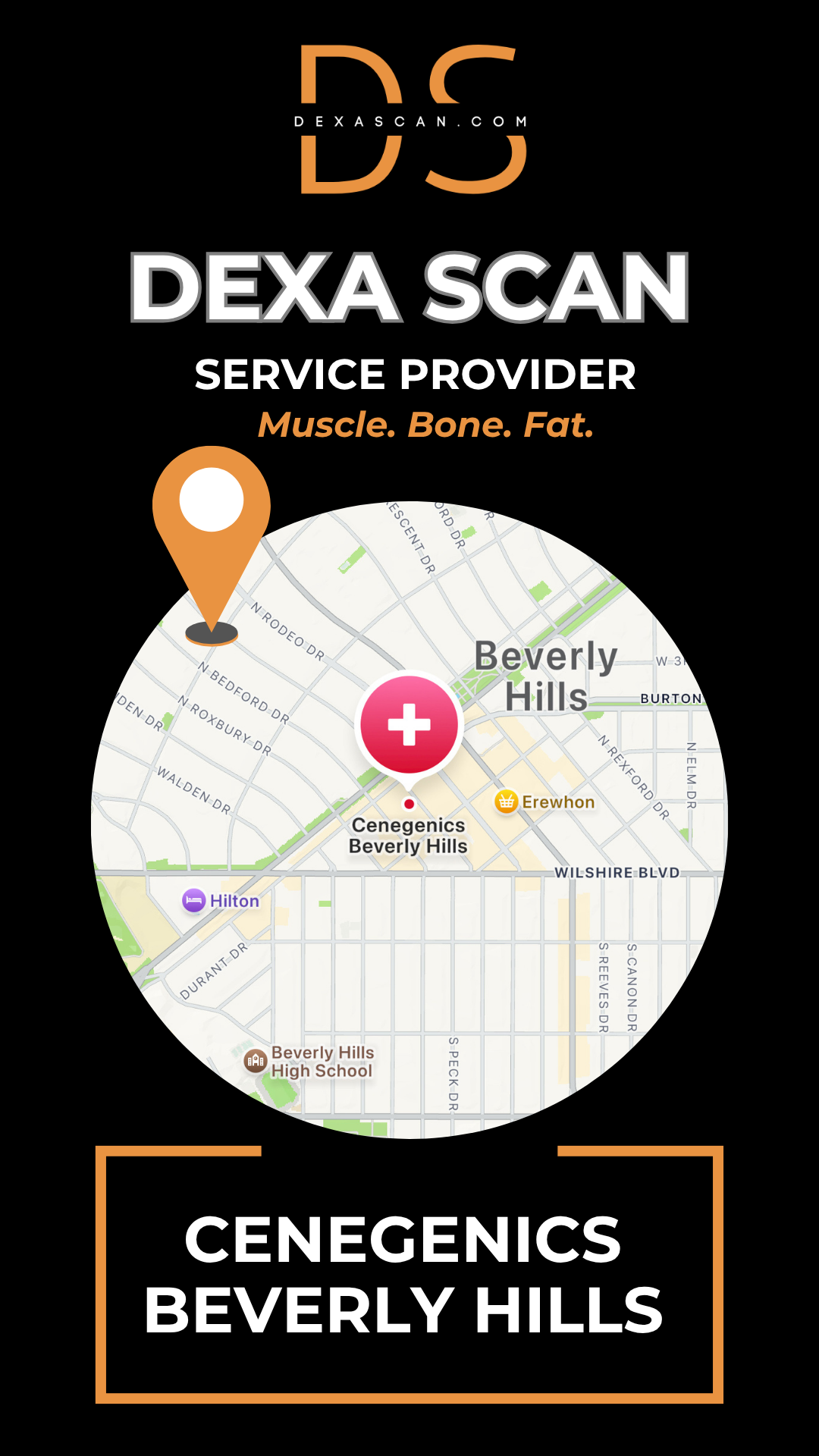 Dexa Scan service provider map with location pin on Beverly Hills, featuring Cenegenics Beverly Hills.