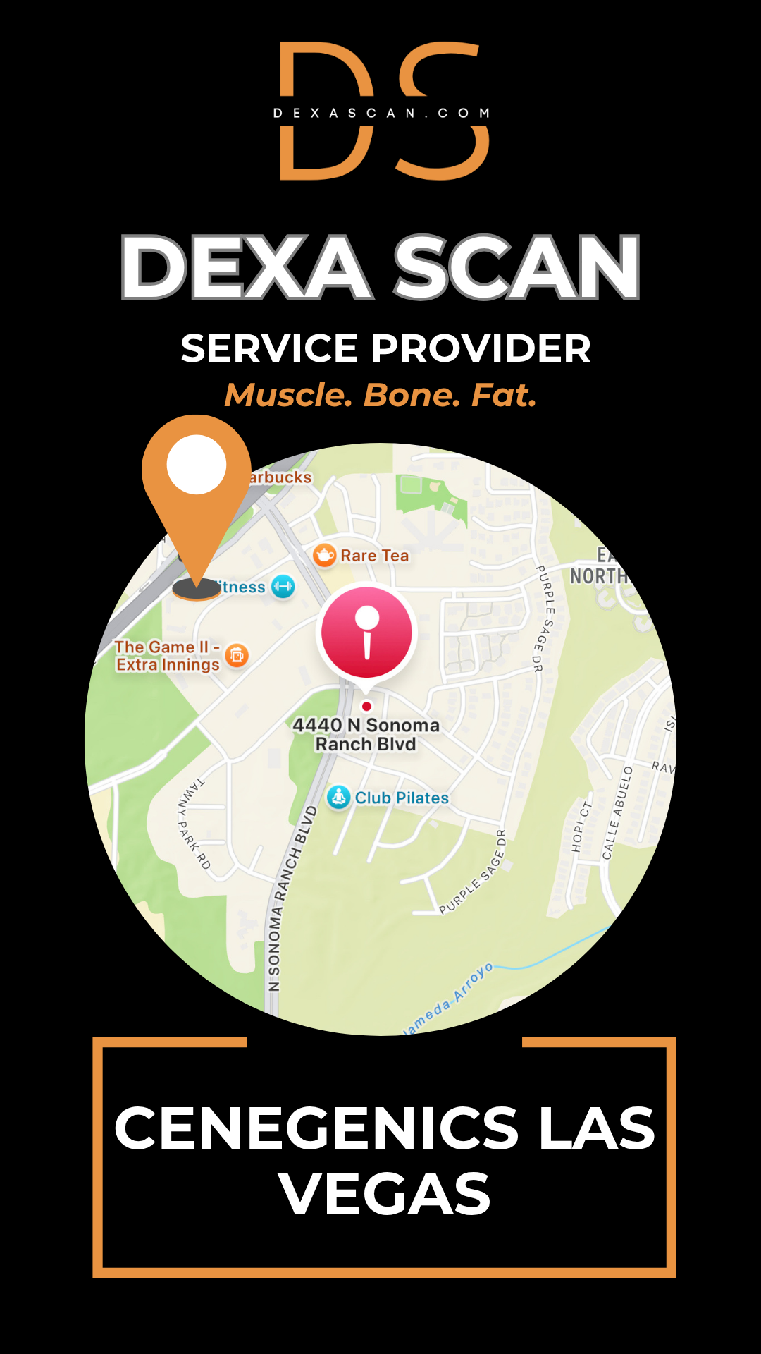 Map of Cenegenics Las Vegas with DEXA Scan branding and services listed.