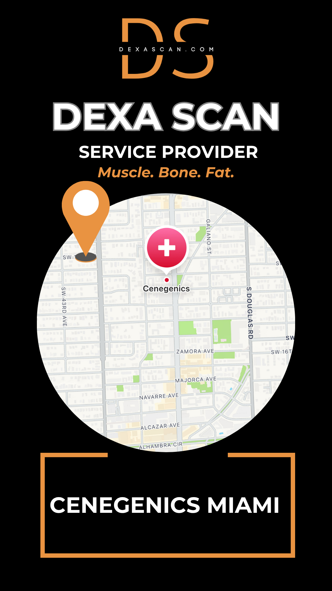 Dexa Scan service provider advertisement with map and branding elements on a black background