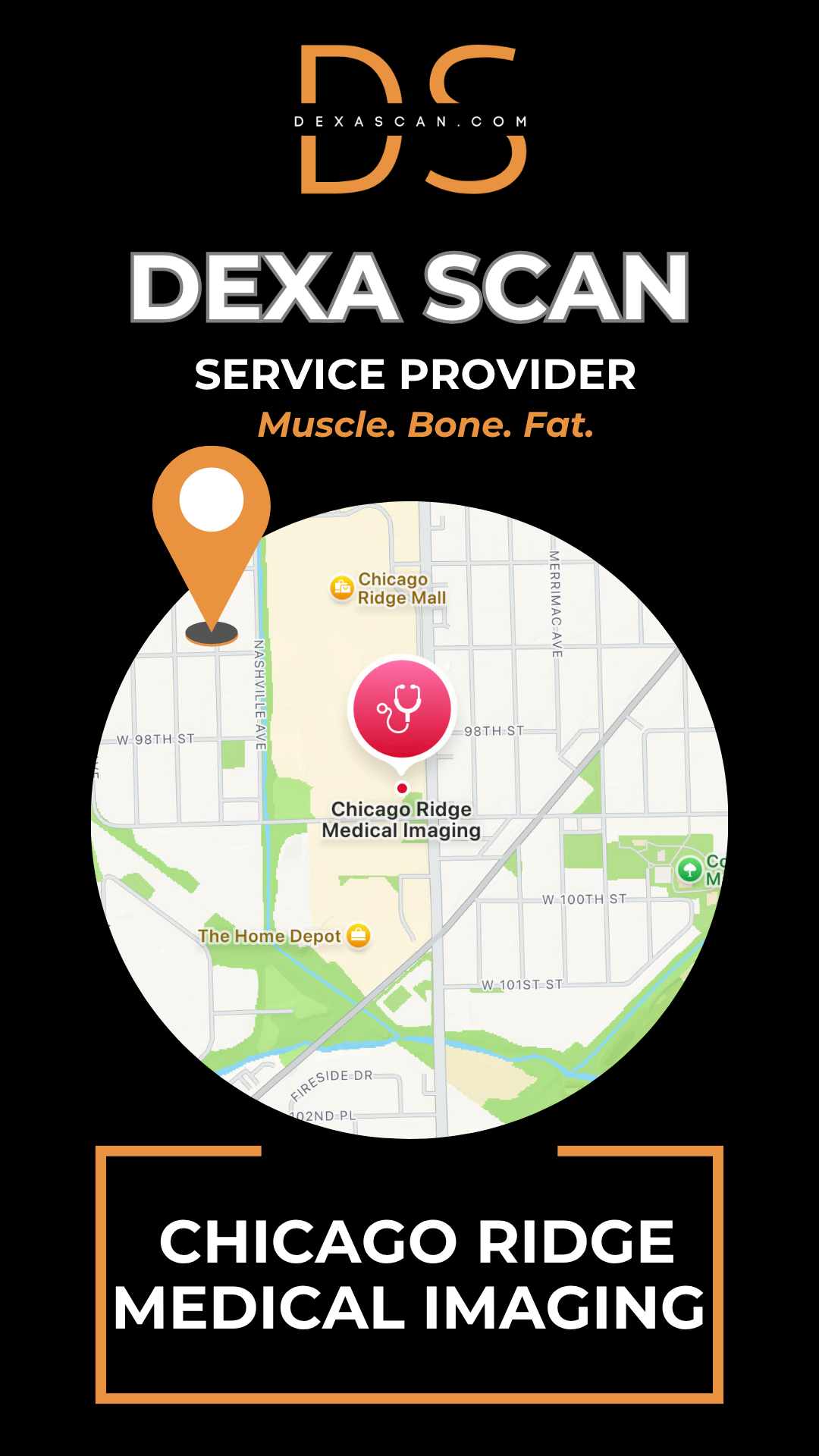 Dexa Scan service provider advertisement with map and location pin on a black background