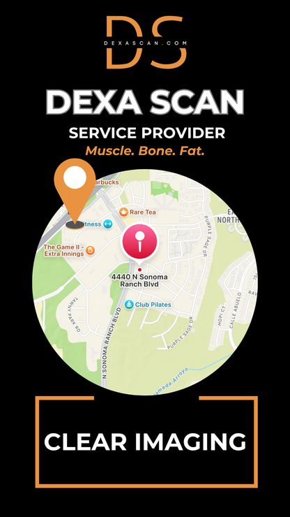 Dexa Scan service provider logo with map and branding elements on a black background