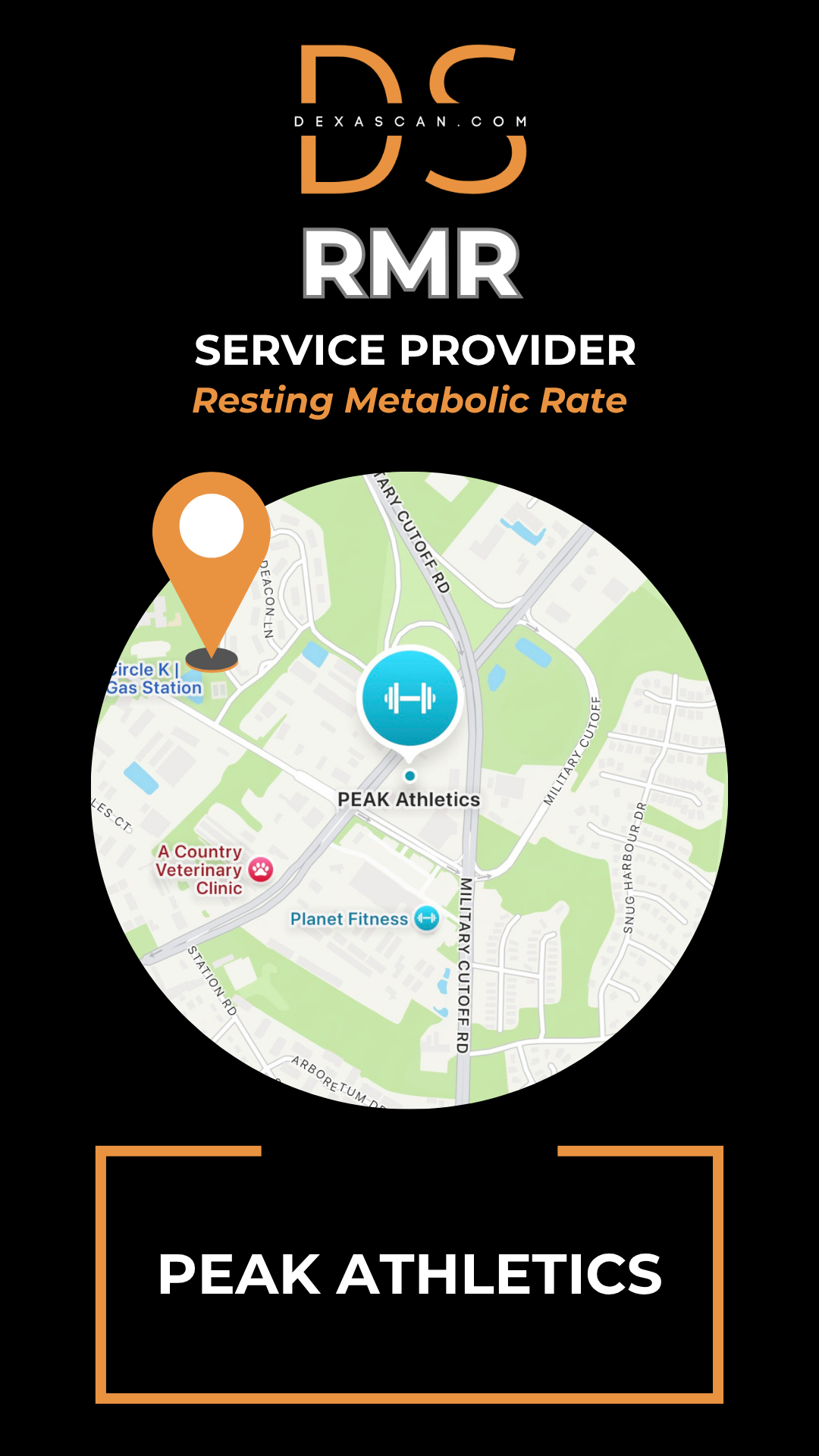 Map with location pin and 'Peak Athletics' branding on a black background with 'DS' and 'RMR' text.