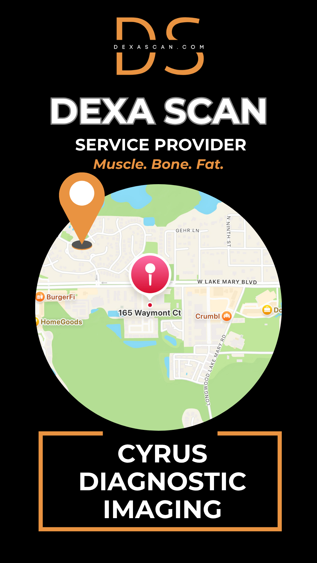 DEXA Scan service provider Cyrus Diagnostic Imaging with map and icons on a black background.