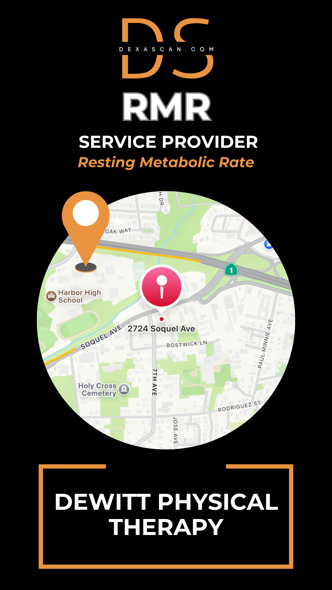 Map with location markers on a black background, featuring 'RMR' and 'DeWitt Physical Therapy'.