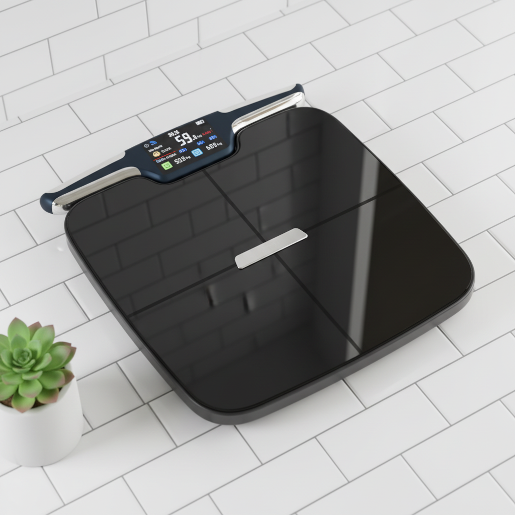 DEXA+ Body Fat Scale on white subway tile with plant