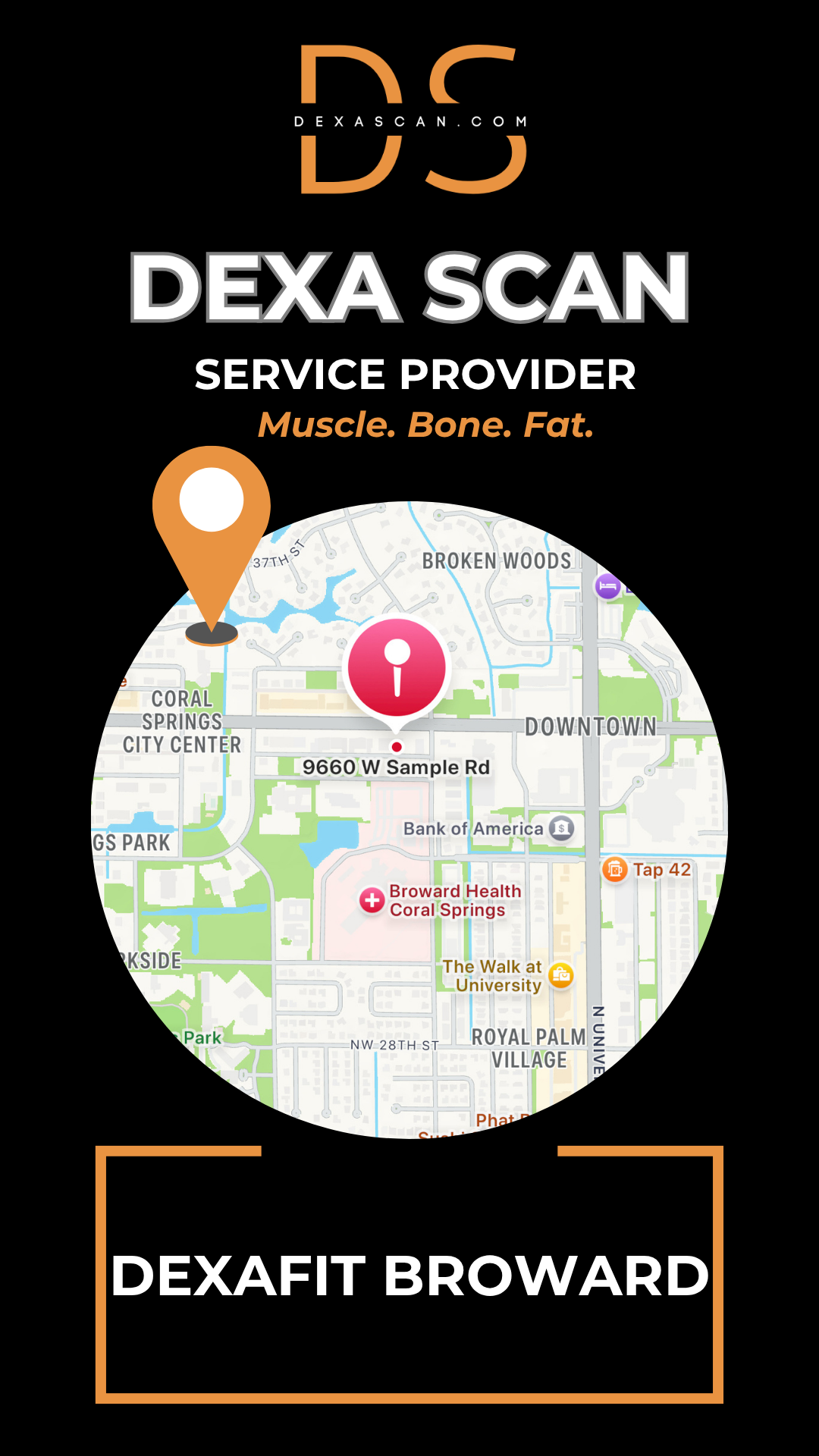 Dexa Scan service provider advertisement with map and branding elements.