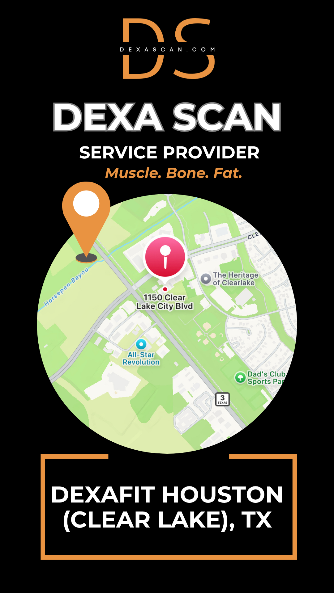 Dexa Scan service provider with map and contact information on a black background