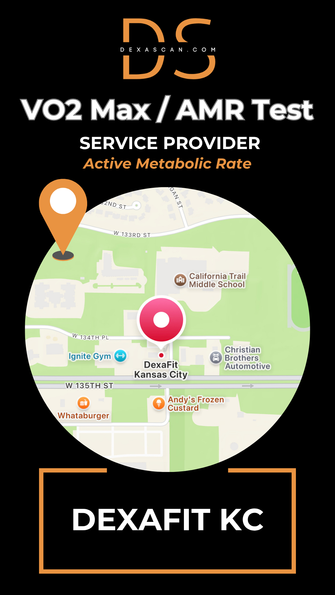 dexascan.com resting metabolic rate service provider DEXAFIT KC with location map and pin
