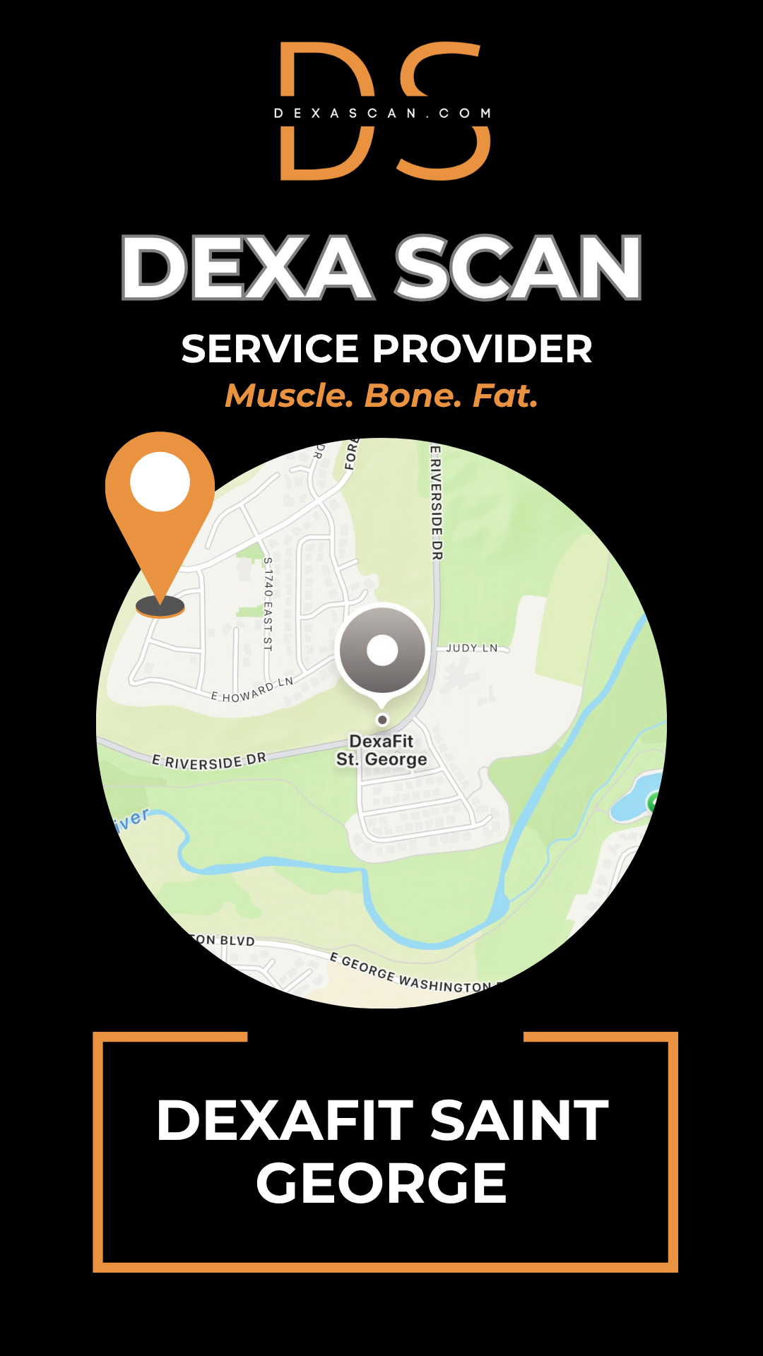 DEXA Scan service provider with map and branding elements on a black background