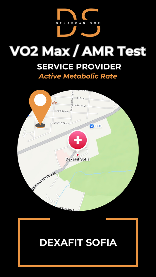 Map of Sofia with a location pin and plus sign, indicating a service provider for VO2 Max/AMR Test at DEXAFIT Sofia.