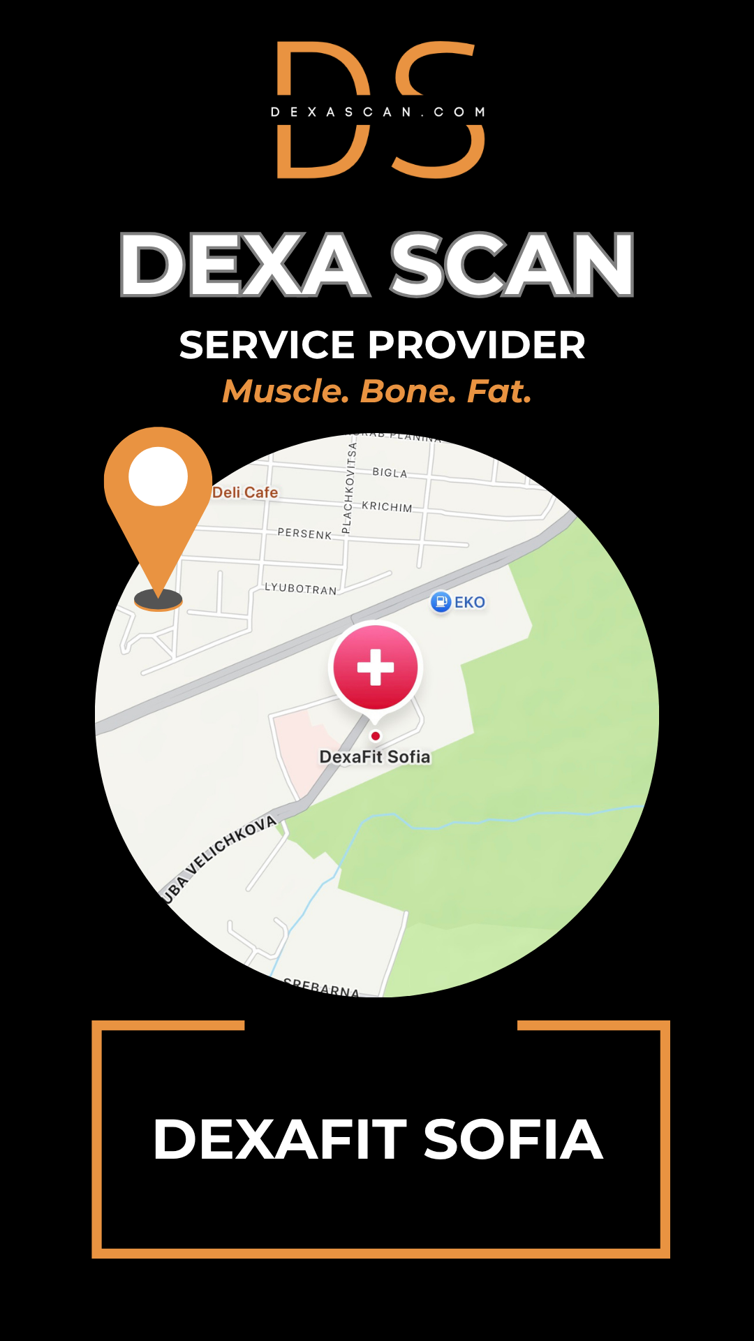 DEXA Scan service provider DexaFit Sofia with a map and location pin on a black background.