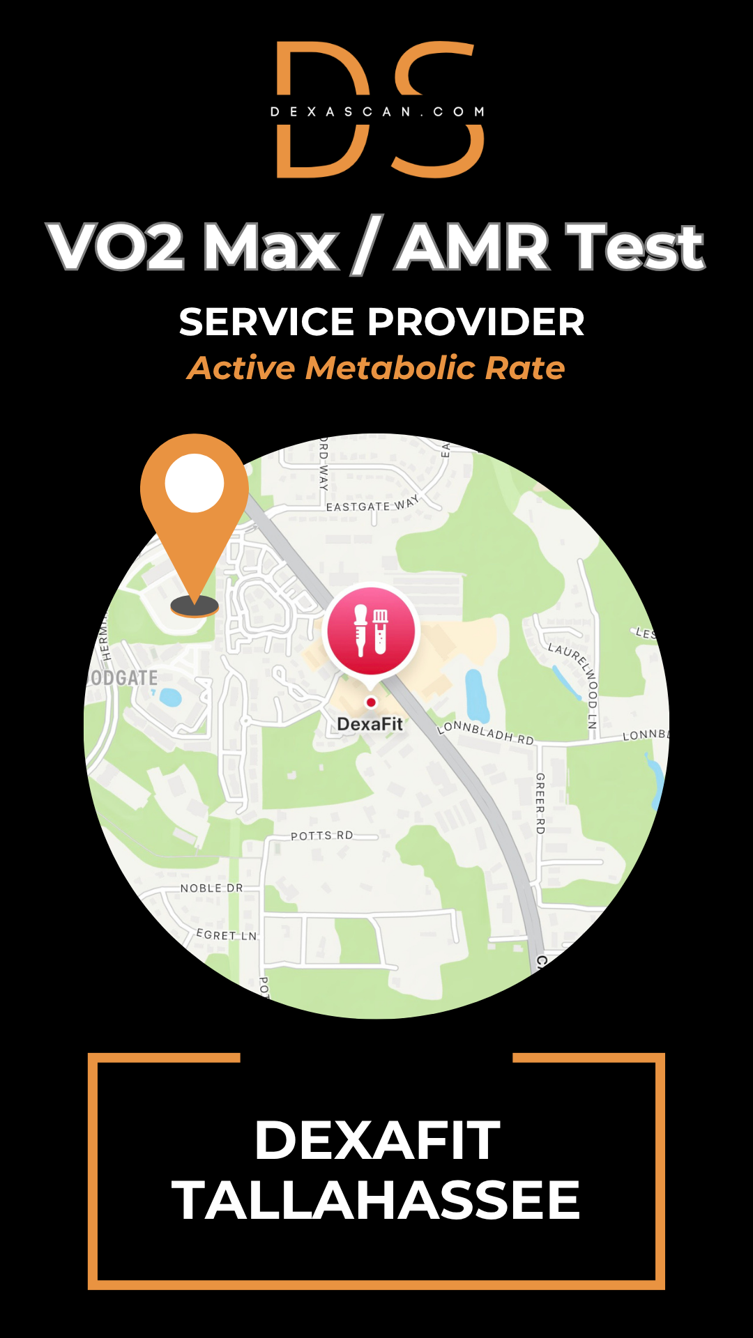 dexascan.com VO2 Max Active Metabolic Rate service provider DEXAFIT Tallahassee with location map and pin
