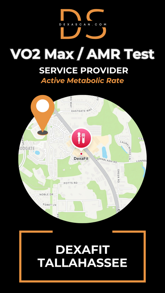 dexascan.com VO2 Max Active Metabolic Rate service provider DEXAFIT Tallahassee with location map and pin