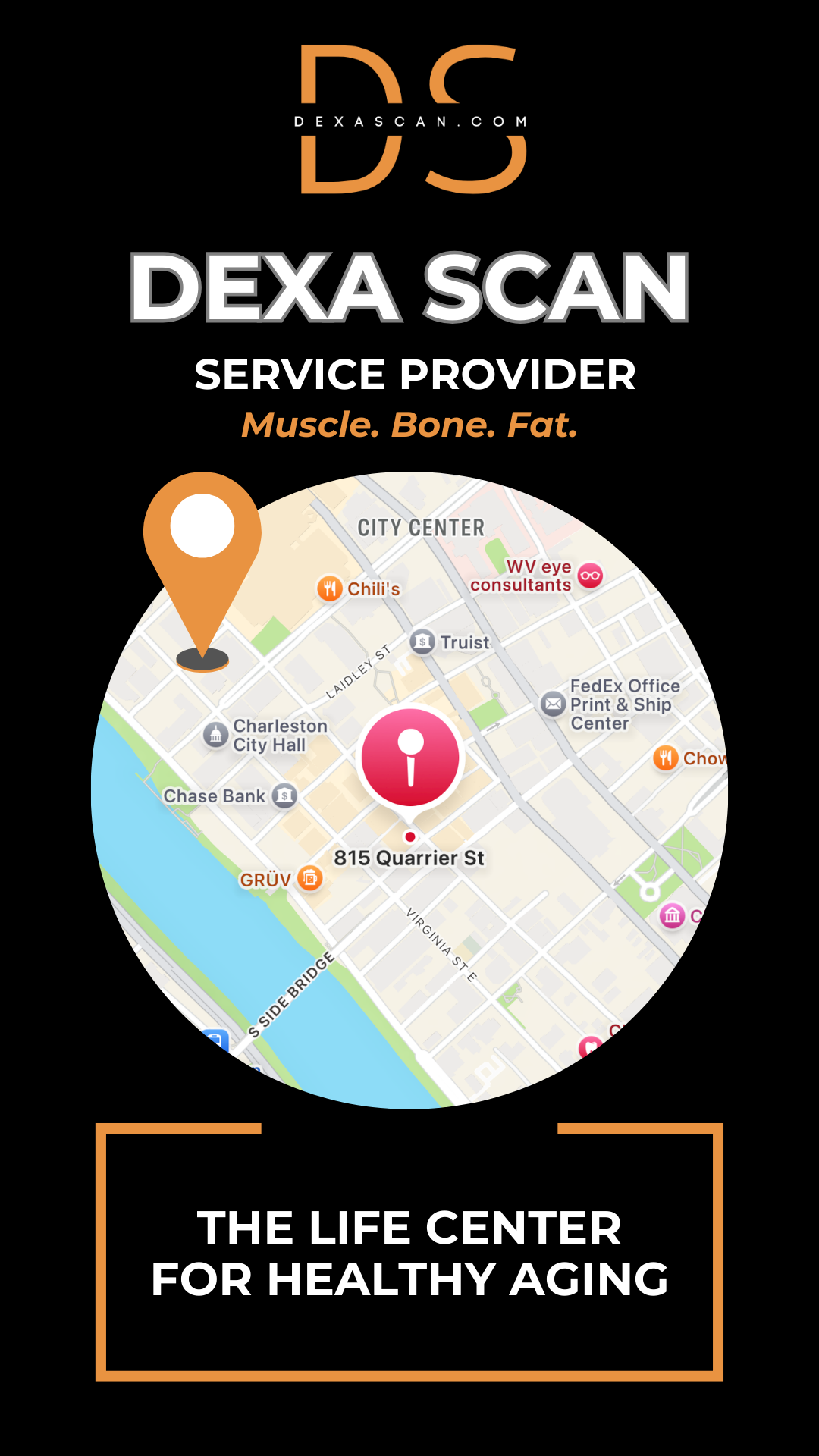 Dexa Scan service provider advertisement with map and branding elements on a black background