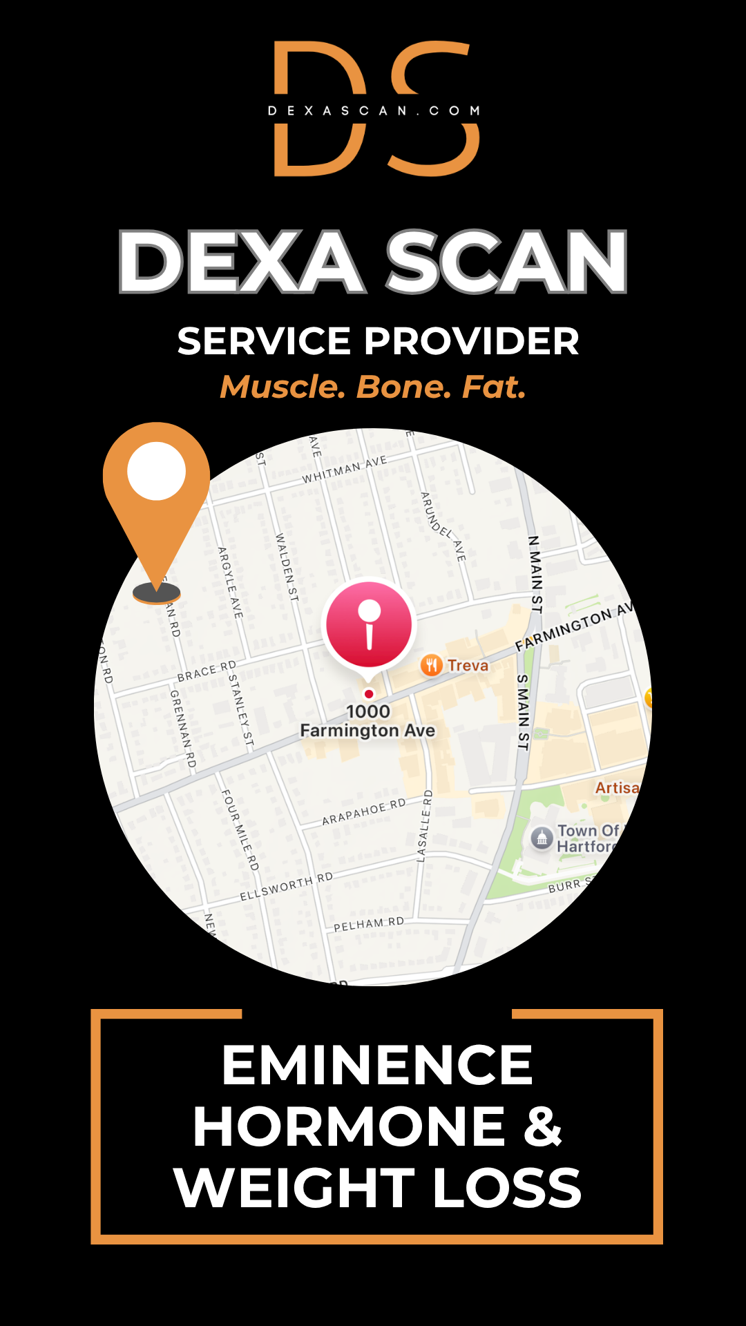 DEXA Scan service provider with map and branding elements on a black background