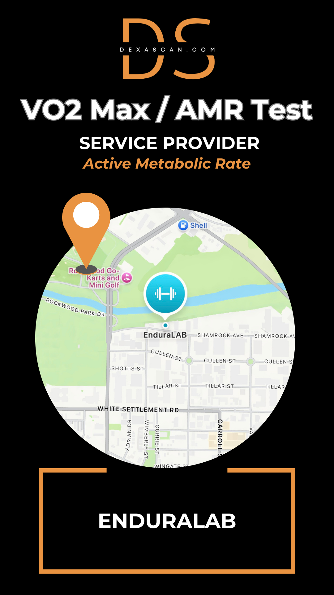 Enduralab VO2 Max/AMR Test service provider with map icon and branding.