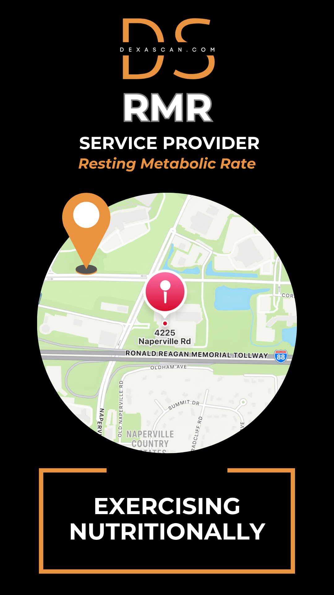Map icon with text about RMR service provider on a black background
