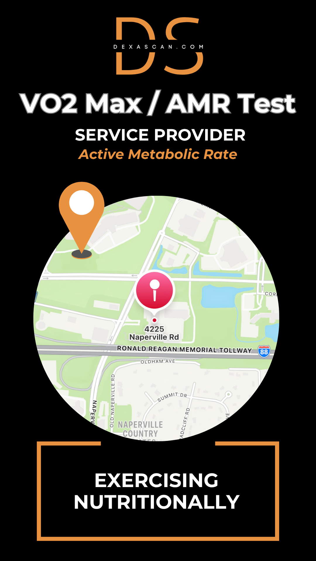 Map of a location with a marker and text about VO2 Max/AMR Test service provider on a black background.