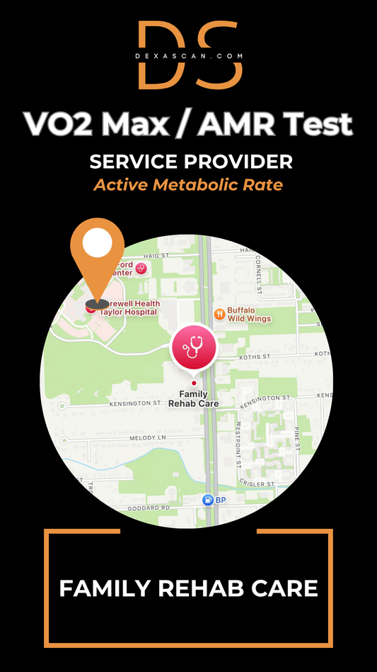 Map with location markers on a black background featuring text about VO2 Max/AMR Test service provider and Family Rehab Care.