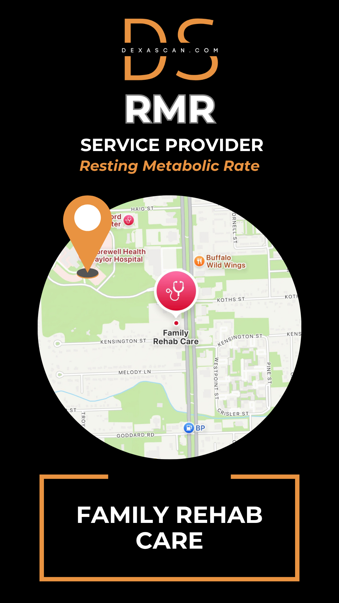 Map with location markers and text about RMR service provider for family rehab care on a black background.