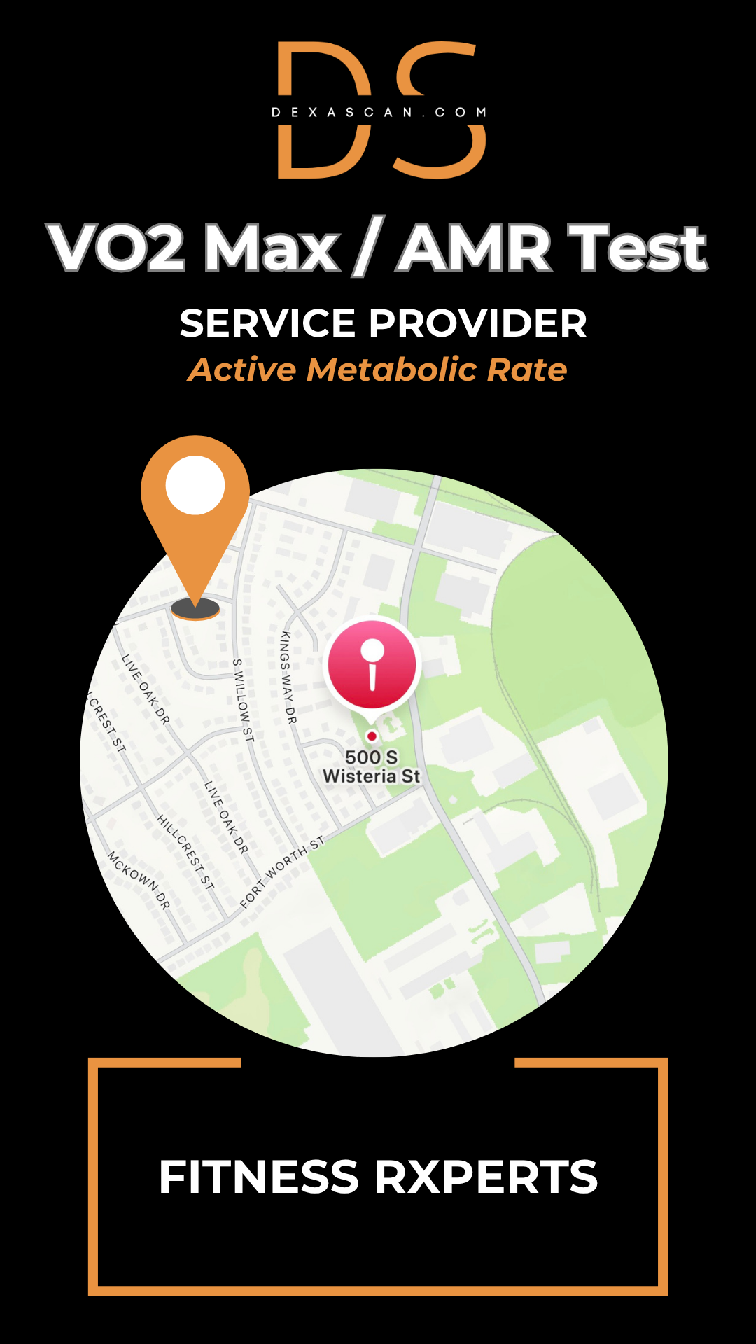 VO2 Max/AMR Test service provider with a map icon and text on a black background.