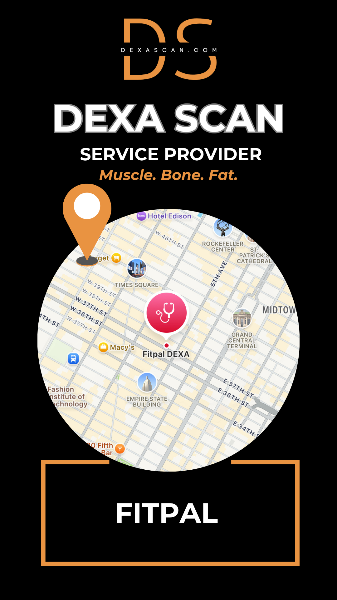 Dexa Scan service provider logo with a map icon and 'Fitpal' branding on a black background.