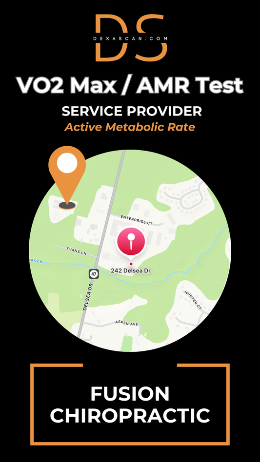 Advertisement for Fusion Chiropractic with map and branding elements on a black background