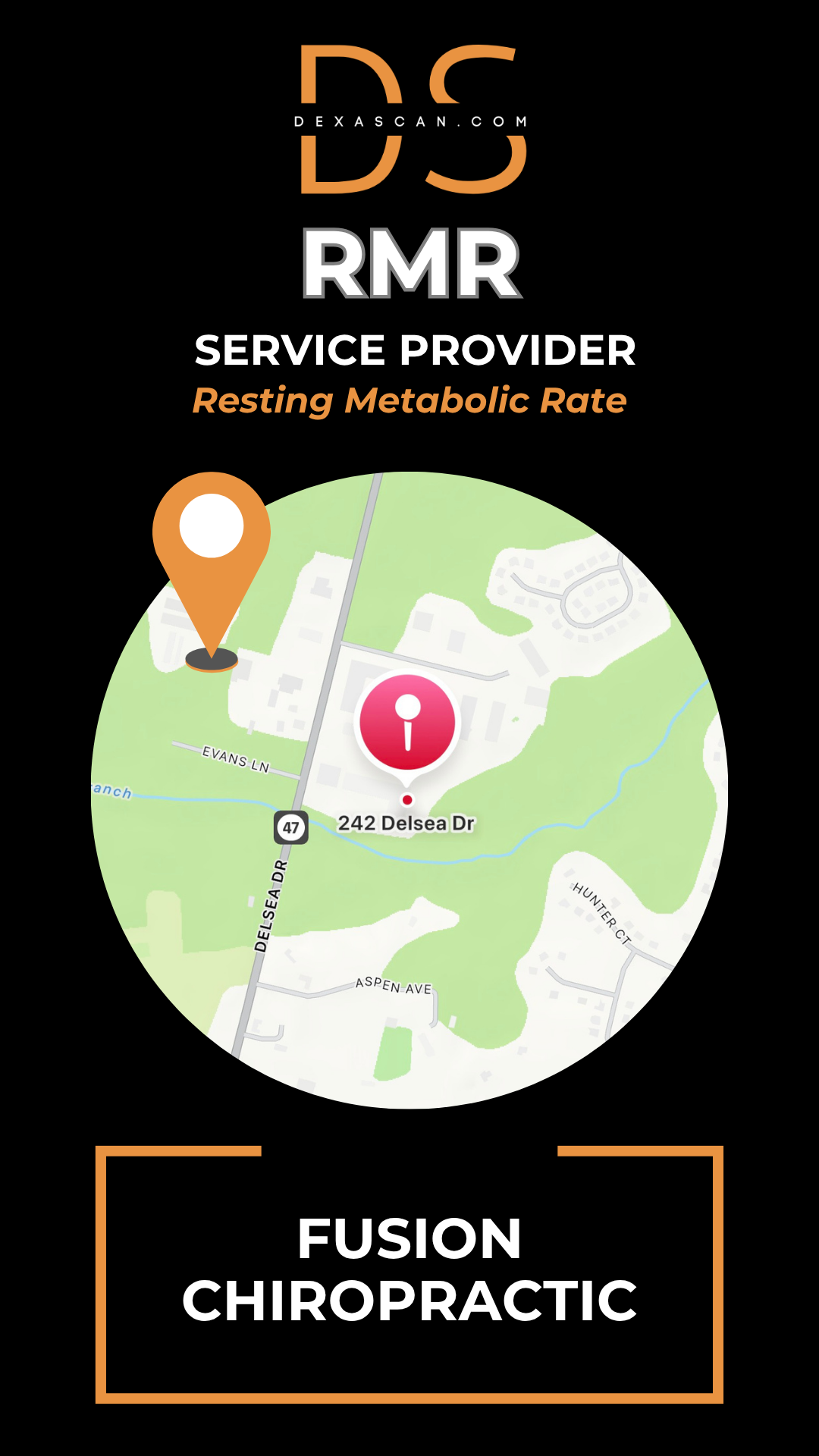 Map with location markers and text about RMR service provider Fusion Chiropractic on a black background.