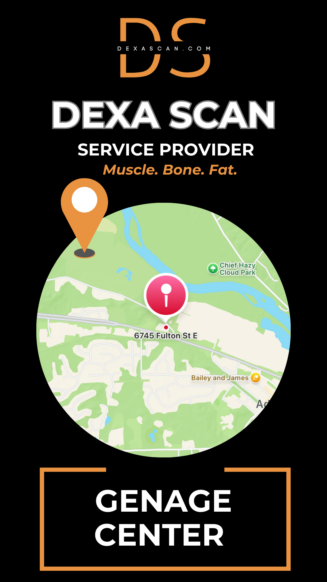 Dexa Scan service provider advertisement with map and location details on a black background