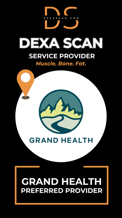 Dexa Scan service provider logo with Grand Health branding on a black background