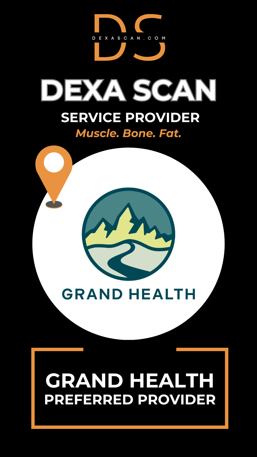 Dexa Scan service provider logo with Grand Health branding on a black background