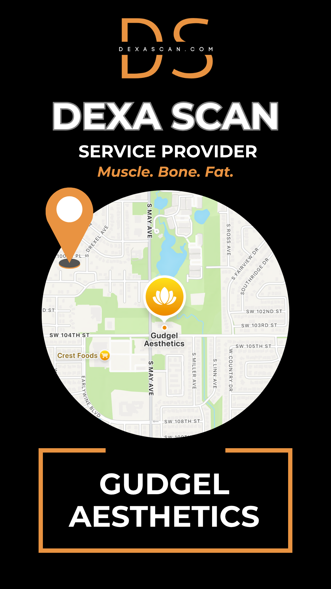 Dexa Scan service provider advertisement with map and branding elements on a black background