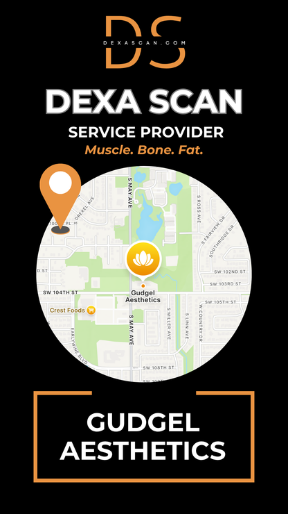 Dexa Scan service provider advertisement with map and branding elements on a black background