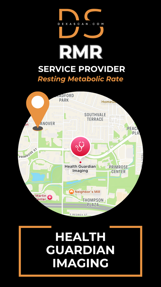 Map with a location pin and text about RMR service provider Health Guardian Imaging on a black background.