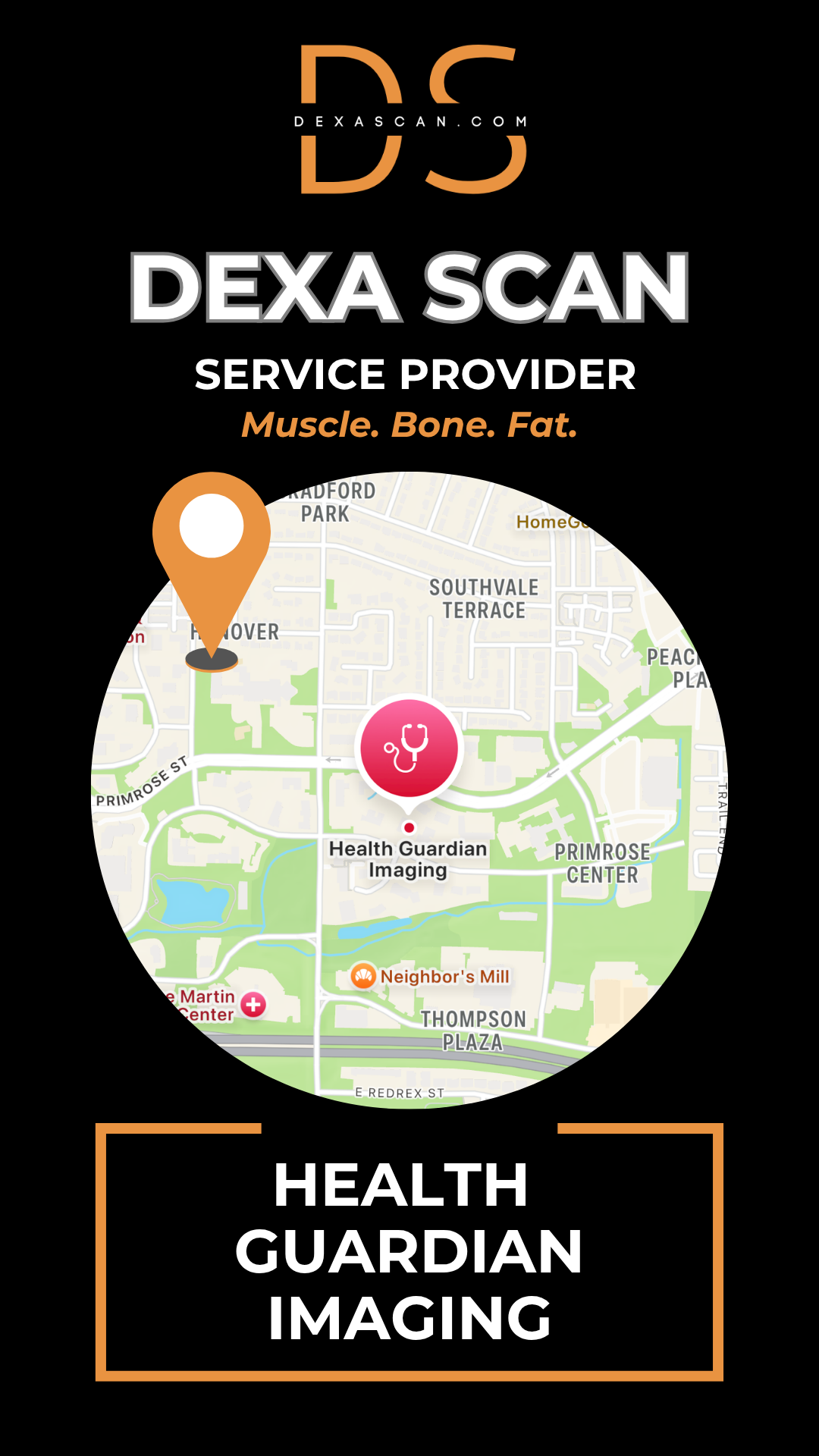 Dexa Scan service provider advertisement with map and branding elements.