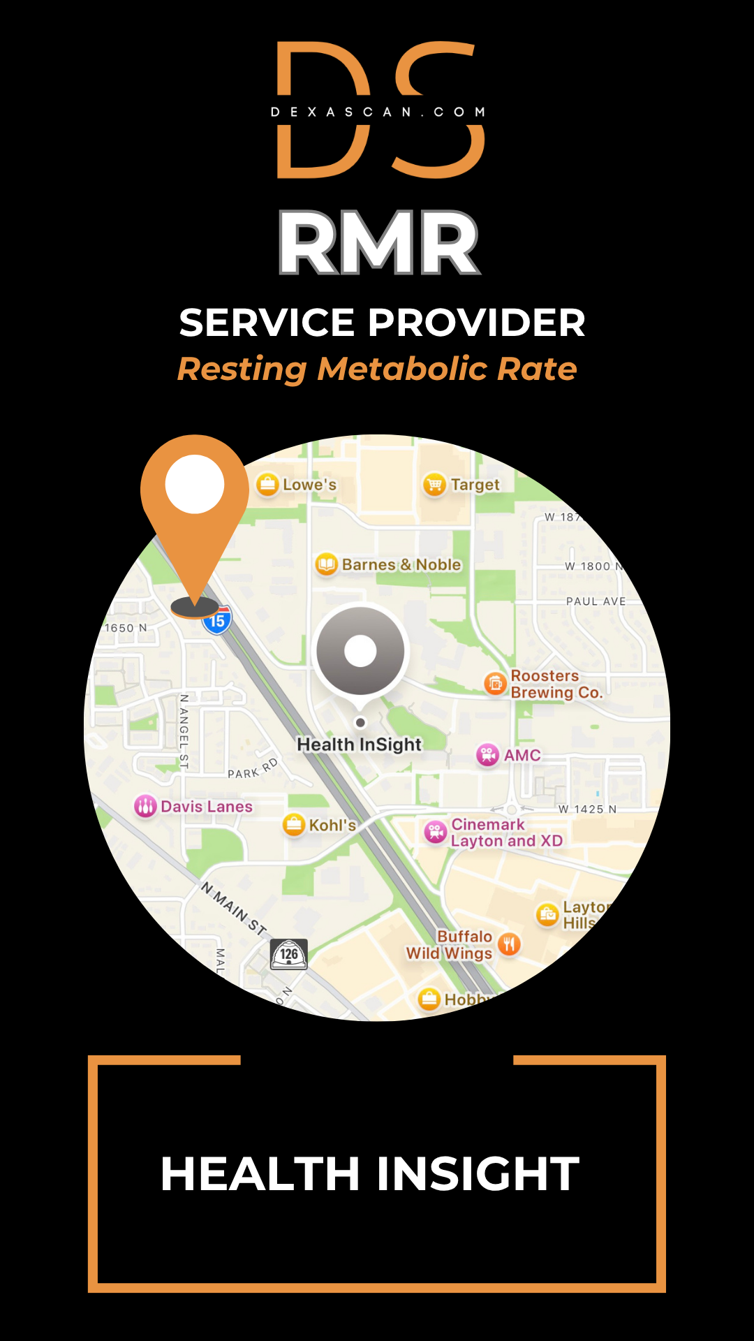 dexascan.com resting metabolic rate service provider Health Insight with location map and pin
