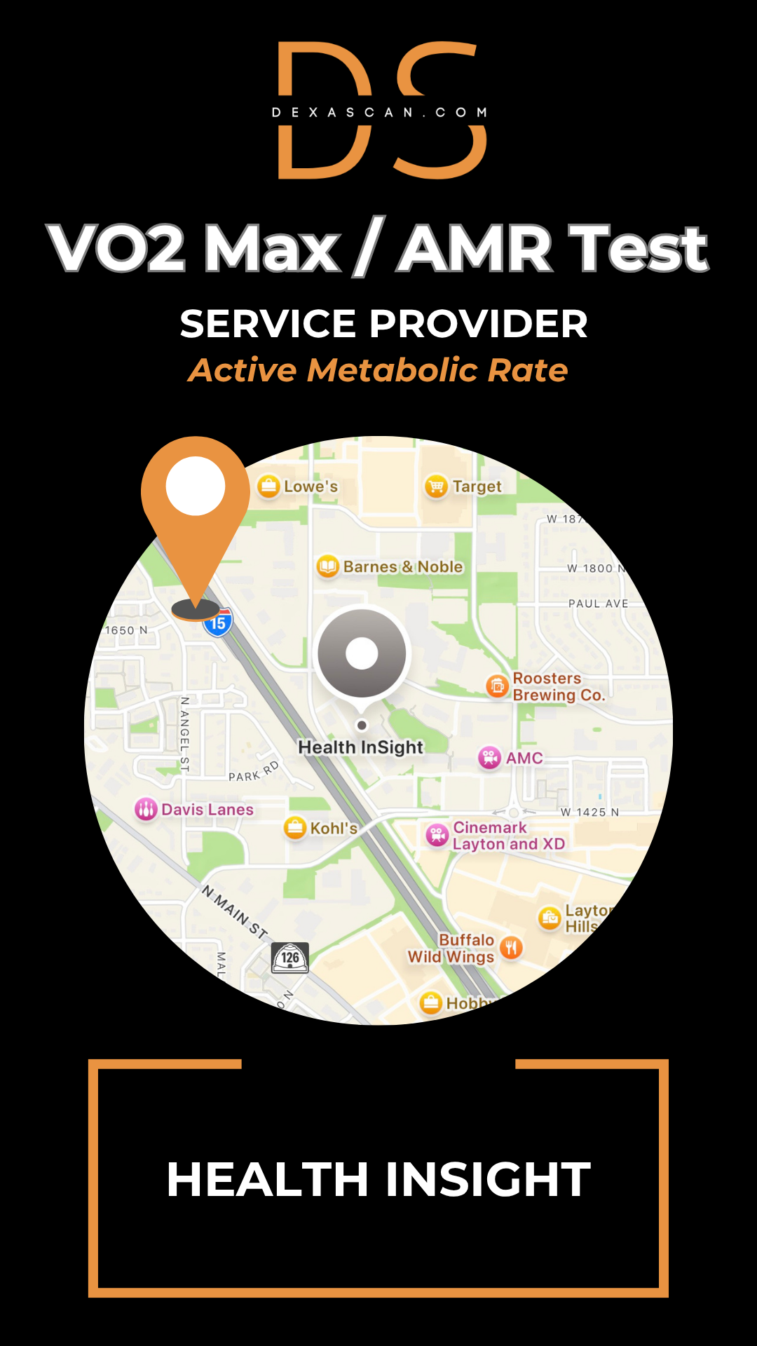 dexascan.com VO2 Max Active Metabolic Rate service provider Health Insight with location map and pin