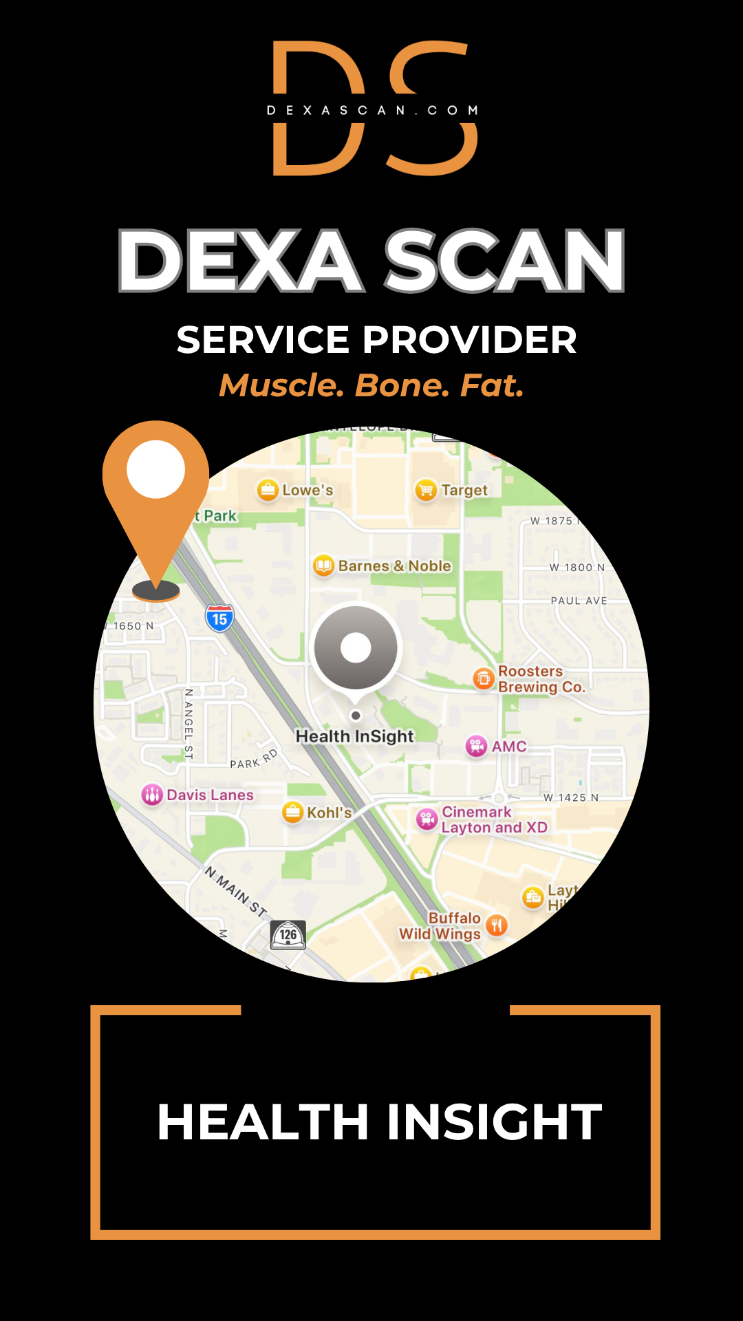 dexascan.com DEXA Scan service provider Health Insight with location map and pin