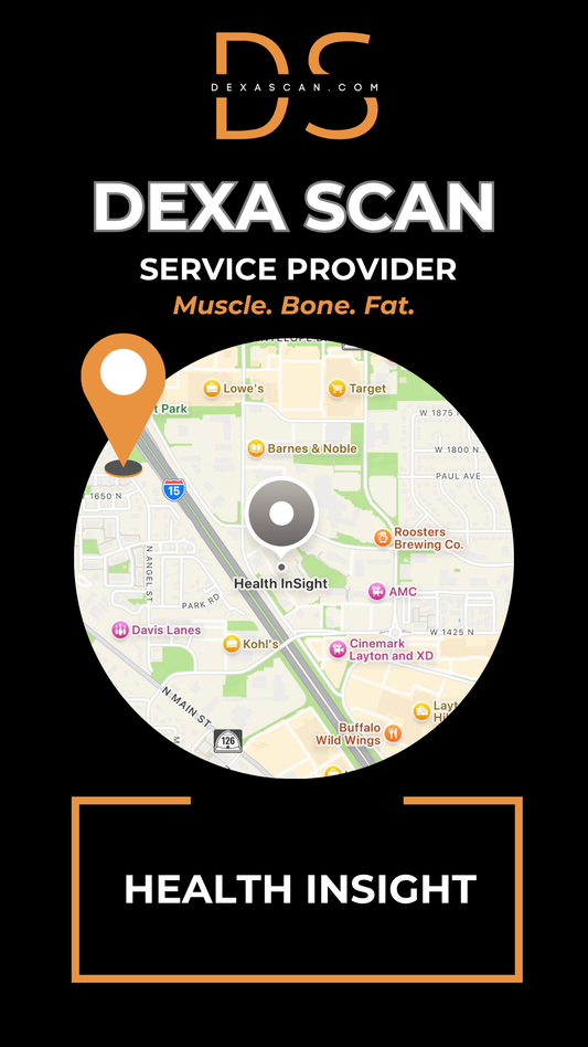dexascan.com DEXA Scan service provider Health Insight with location map and pin