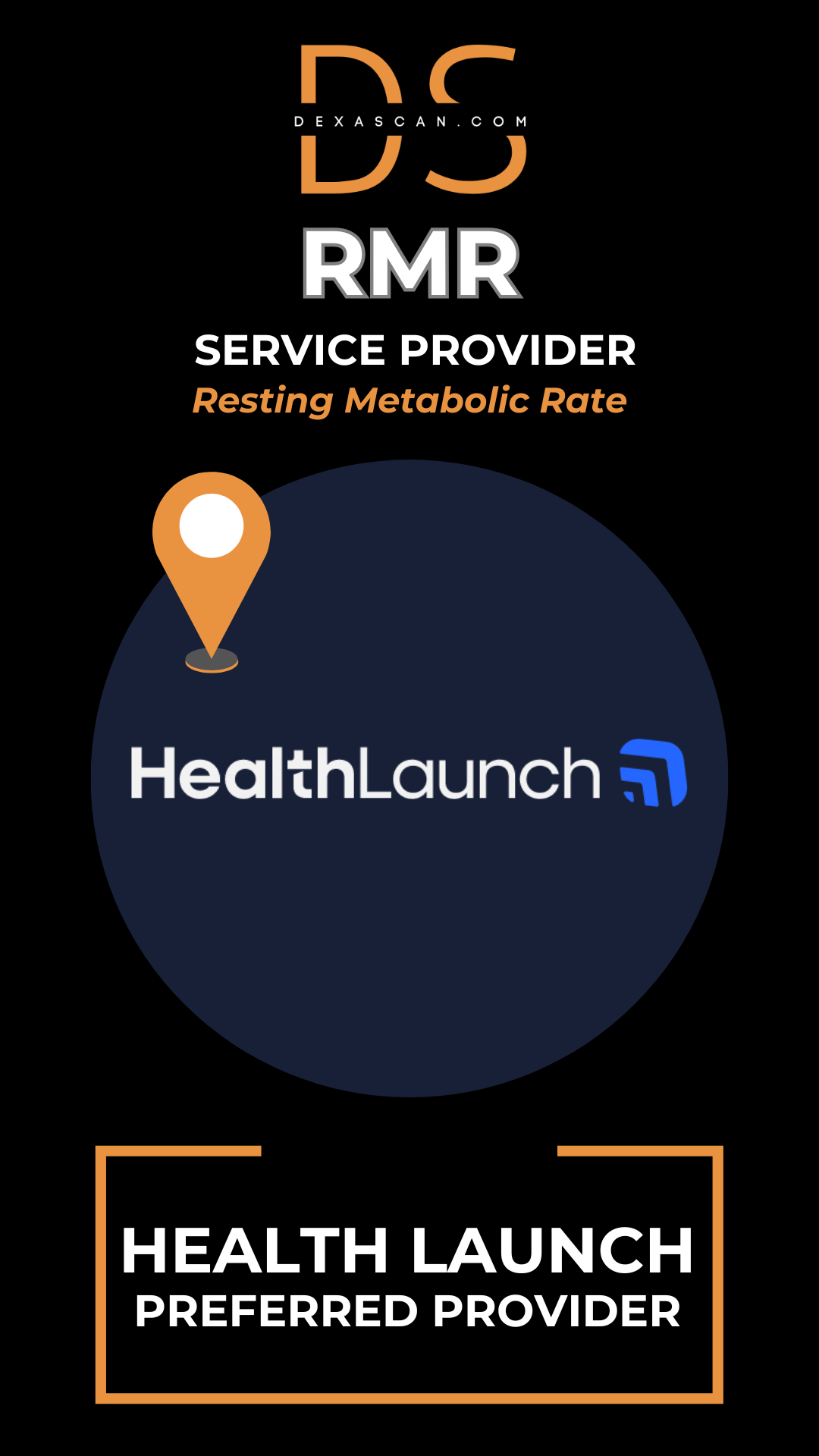 HealthLaunch logo with a map pin icon on a black background, featuring DS RMR branding.
