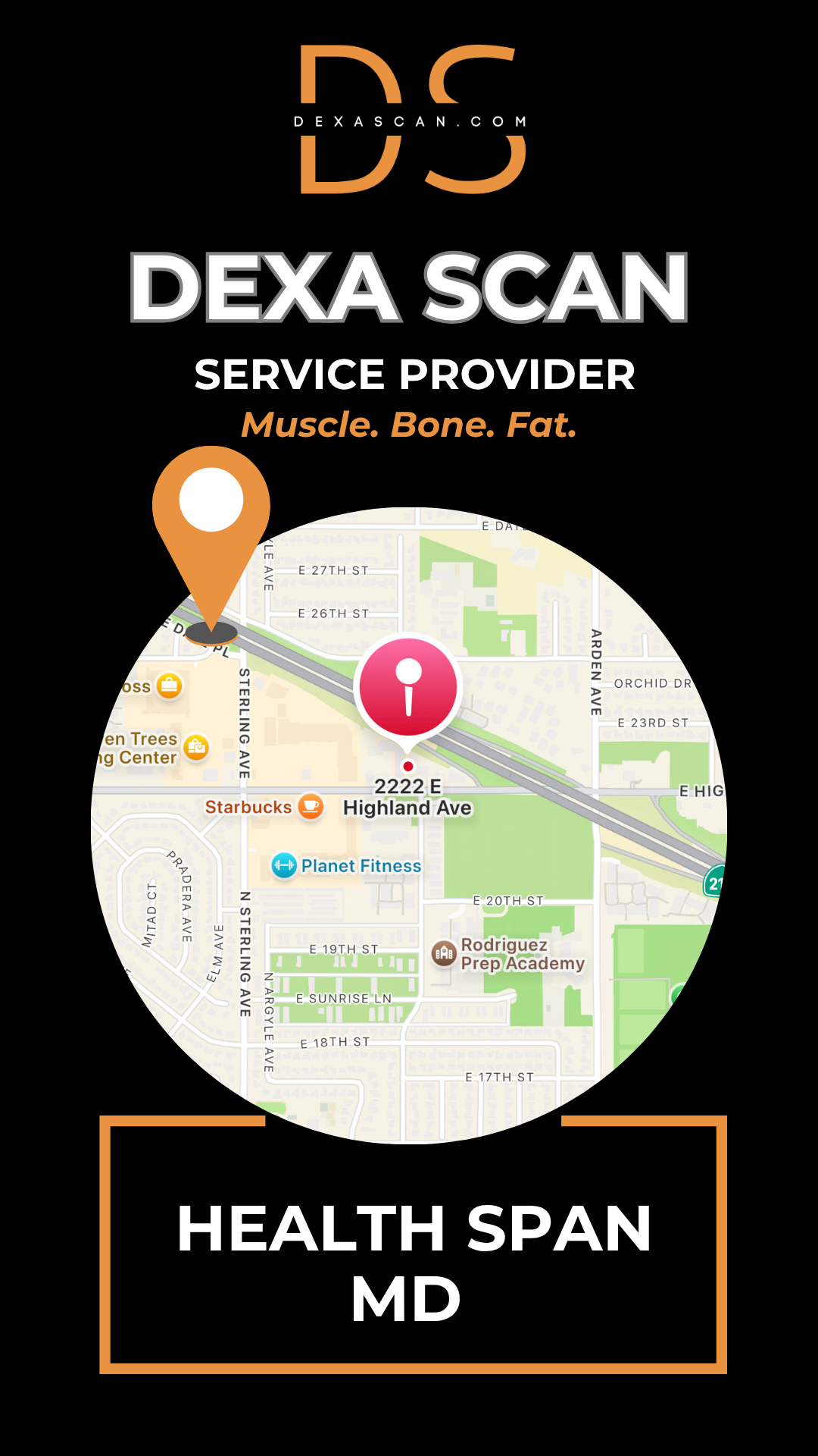 Map with location pin and text about DEXA Scan service provider on a black background