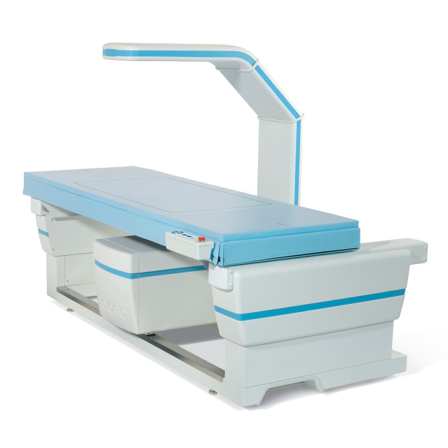 Medical examination table with blue accents on a white background