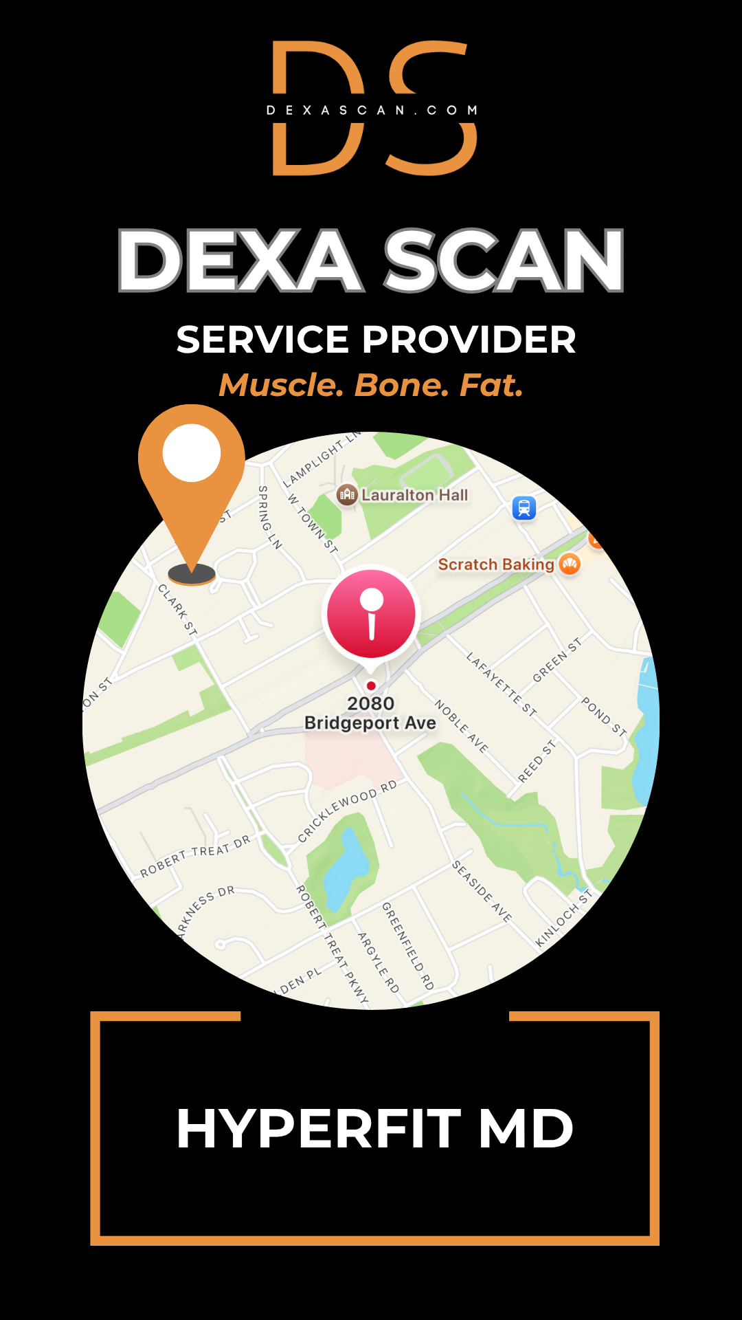 Dexa Scan service provider advertisement with map and branding elements on a black background
