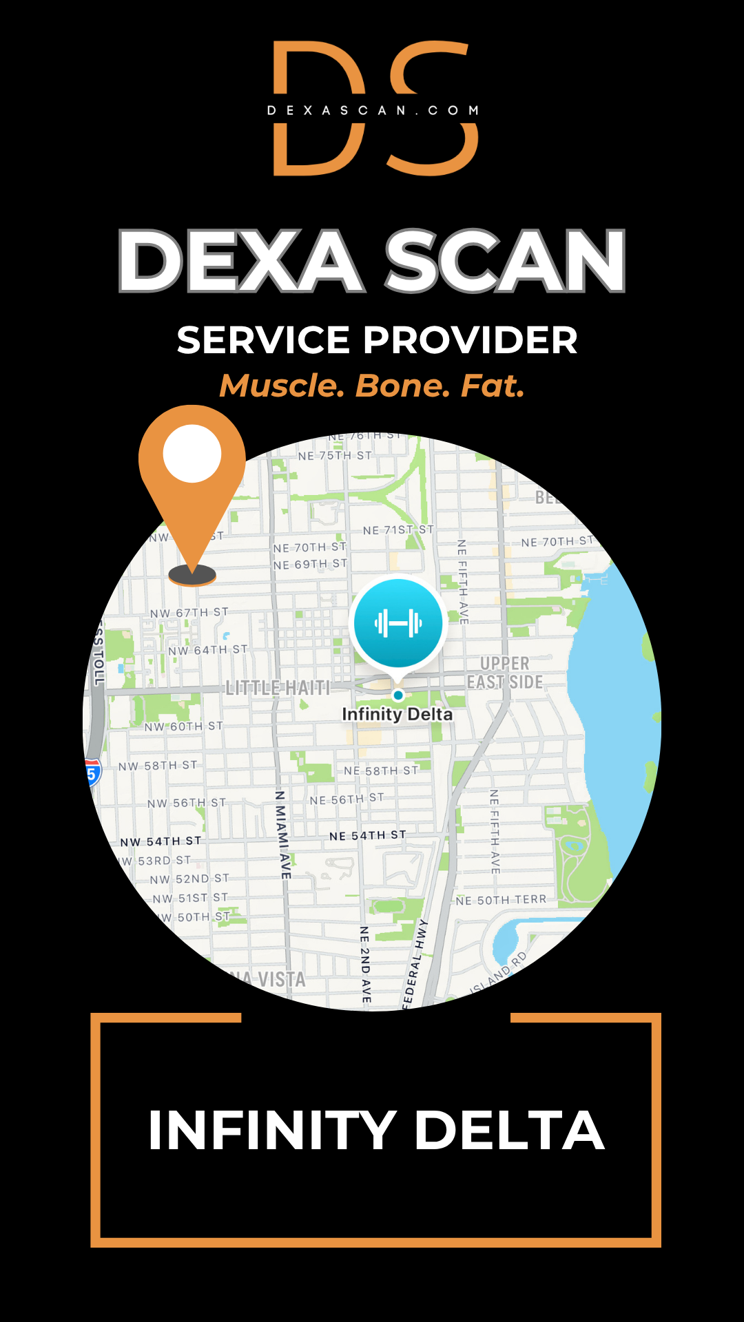 Dexa Scan service provider logo with a map graphic on a black background