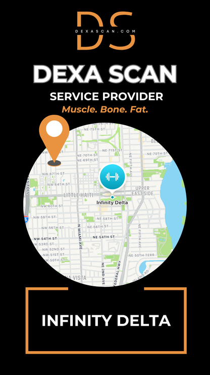 Dexa Scan service provider logo with a map graphic on a black background