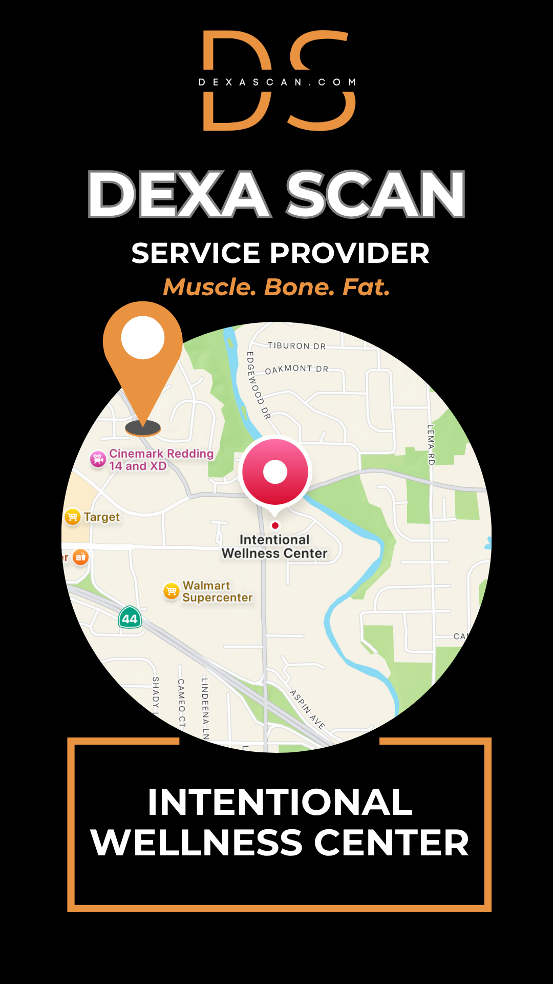 Dexa Scan service provider logo with a map and 'Intentional Wellness Center' text on a black background.