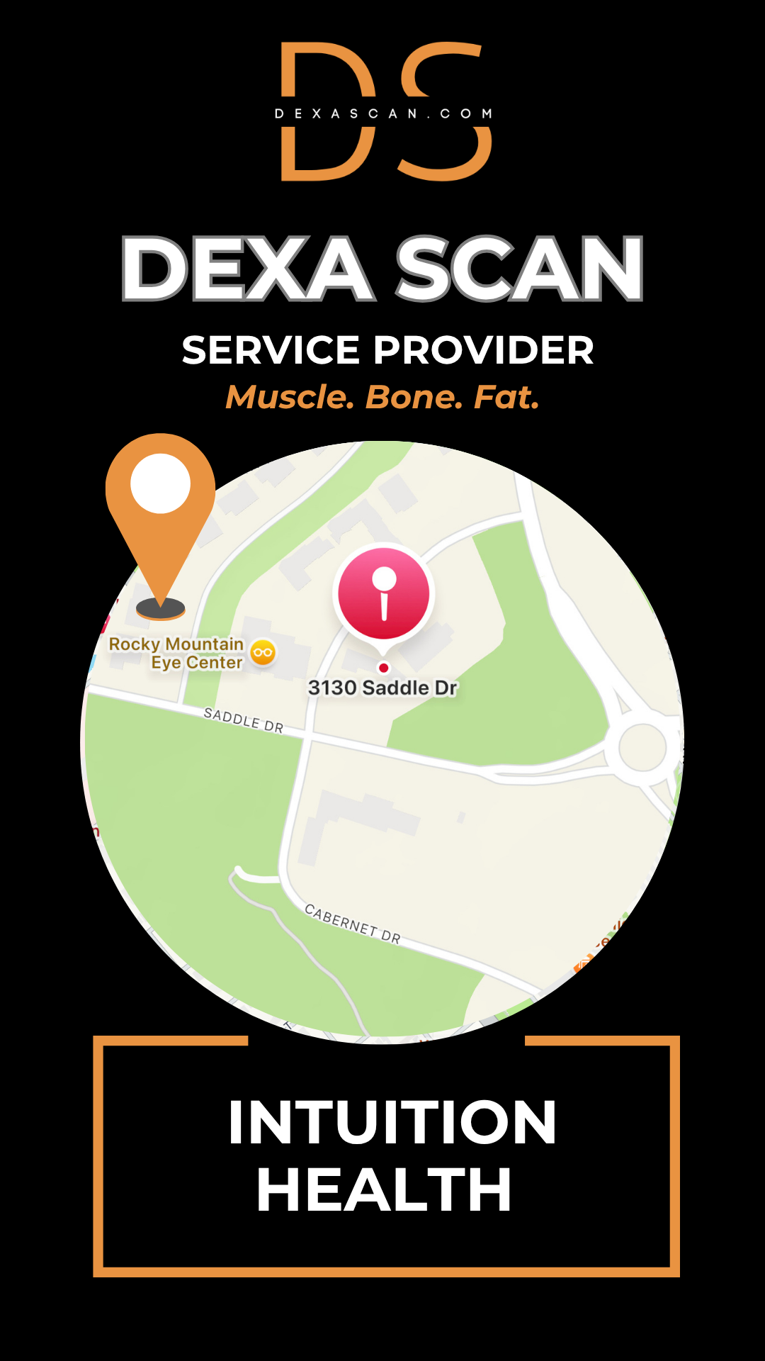 dexascan.com DEXA Scan service provider Intuition Health with location map and pin