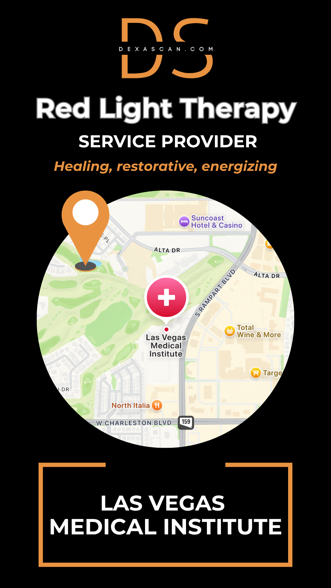 Advertisement for Red Light Therapy service provider at Las Vegas Medical Institute with map and branding elements.