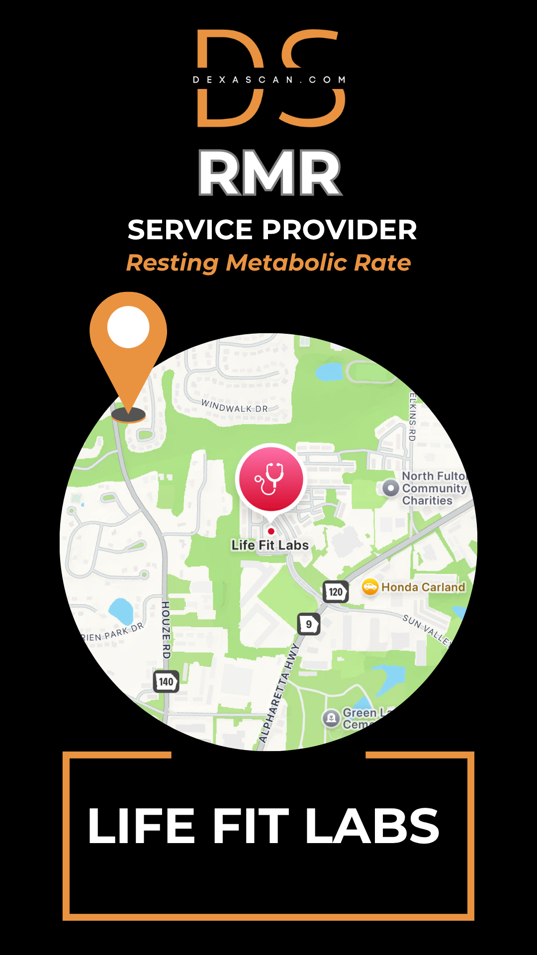 Map with location markers and 'Life Fit Labs' branding on a black background