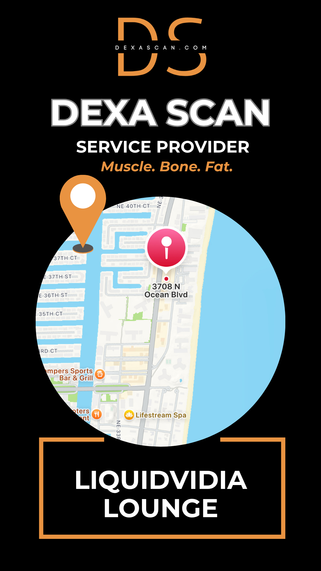 Dexa Scan service provider advertisement with map and branding elements on a black background